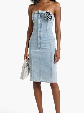 NWT AREA Strapless Denim Midi Dress with Flower Corsage Super Light Wash Size 8
